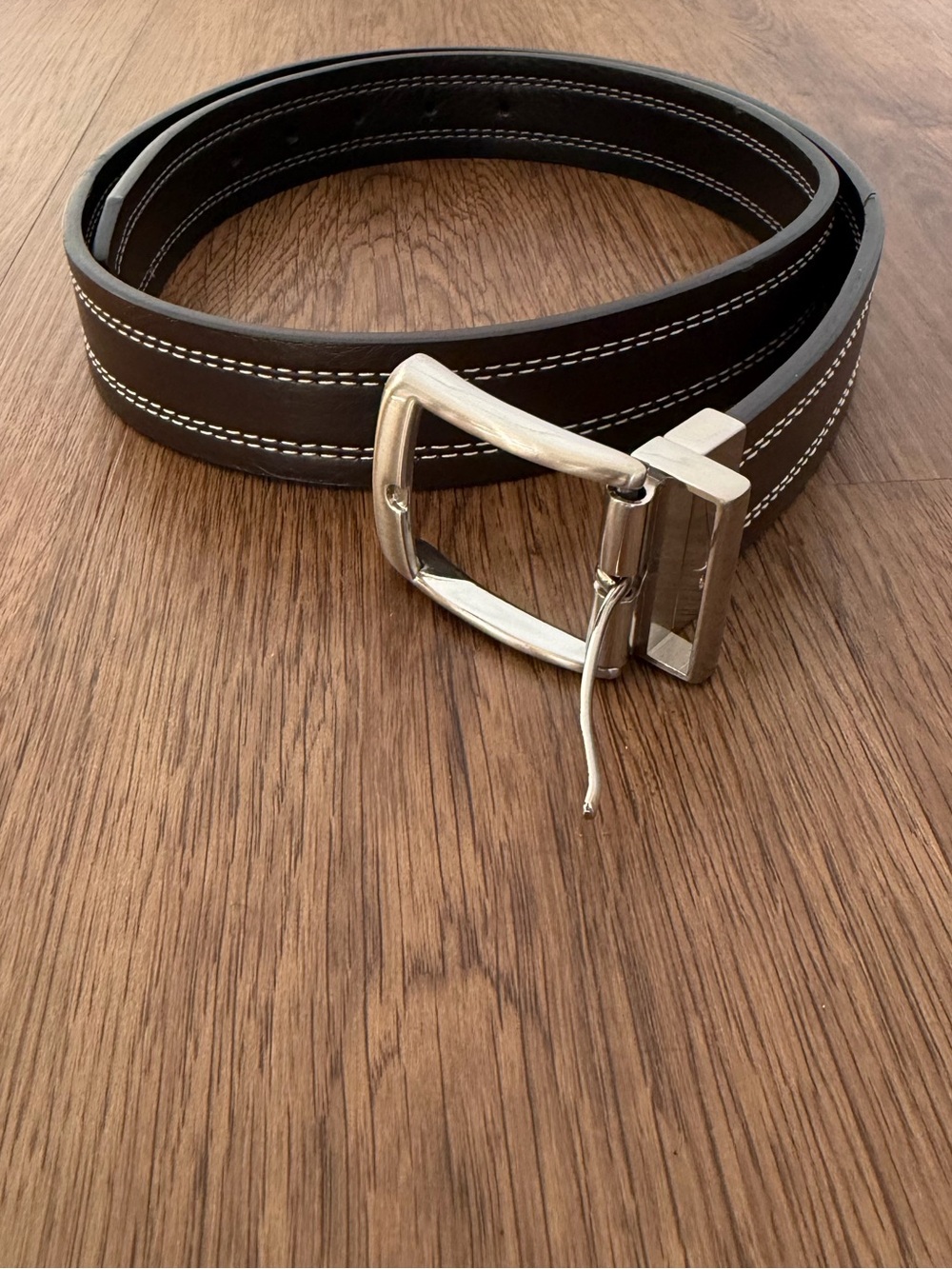 Nike Men's Black Belt with White Contrast Stitching and Silver Buckle